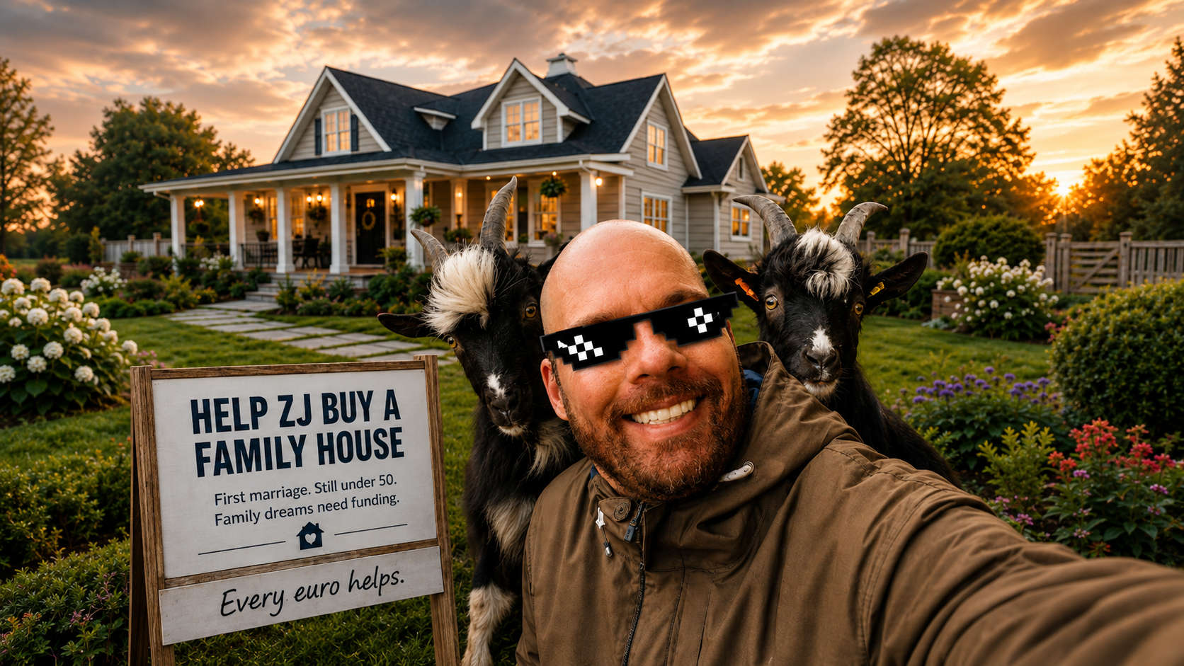 ZJ and two goats promoting the family house fund
